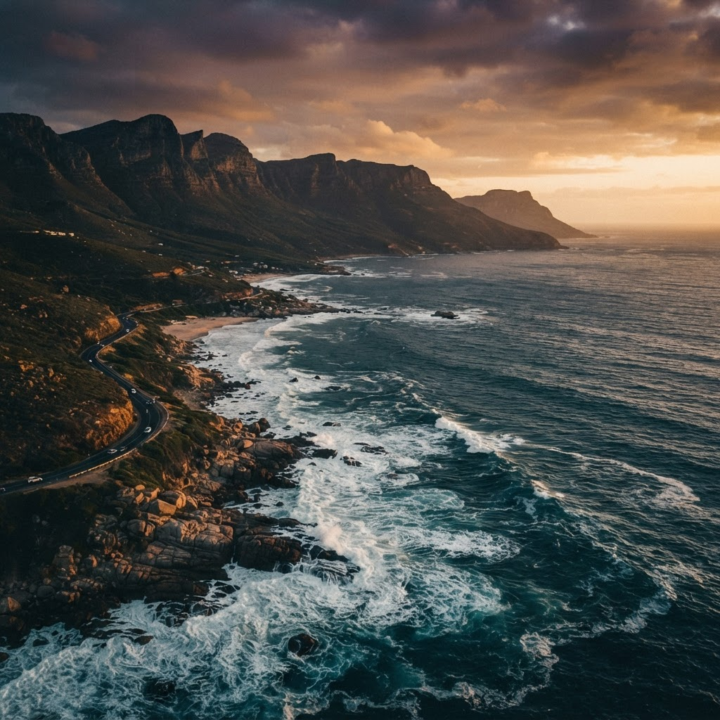 Cinematic aerial view of the Cape Town coastline at golden hour