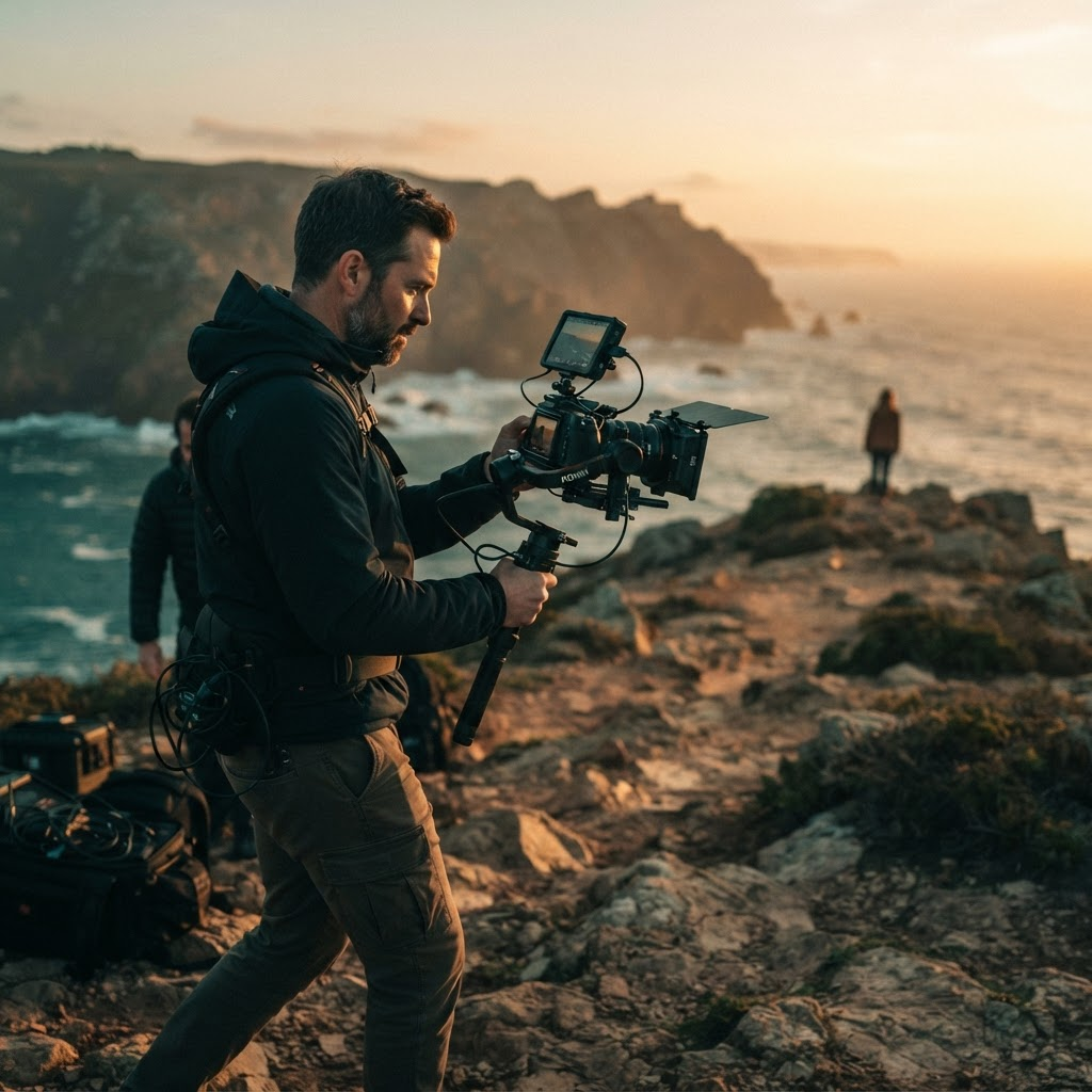 A Syche Media videographer filming on location at golden hour